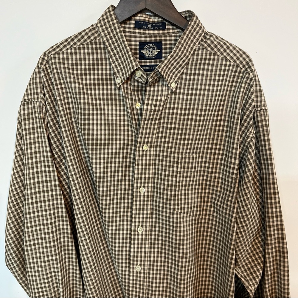 DOCKERS Dress Shirt Button Down Collar Men XL Green Checks Long Sleeve
